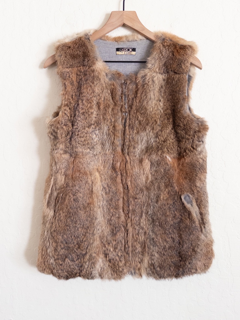 Vintage La Rok Luxe Genuine Rabbit Fur Zip Front Vest Medium Brown Boho Western